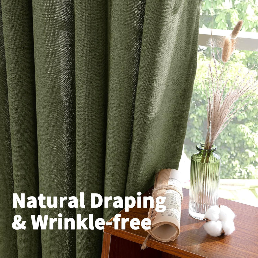 YoungsTex Olive Green Linen Curtains 63 Inch Length for Living Room, Light Filtering Textured Drapes with Rod Pocket/Back Tab Semi Sheer Window Treamtments for Bedroom, 2 Panels, 52 X 63 Inch
