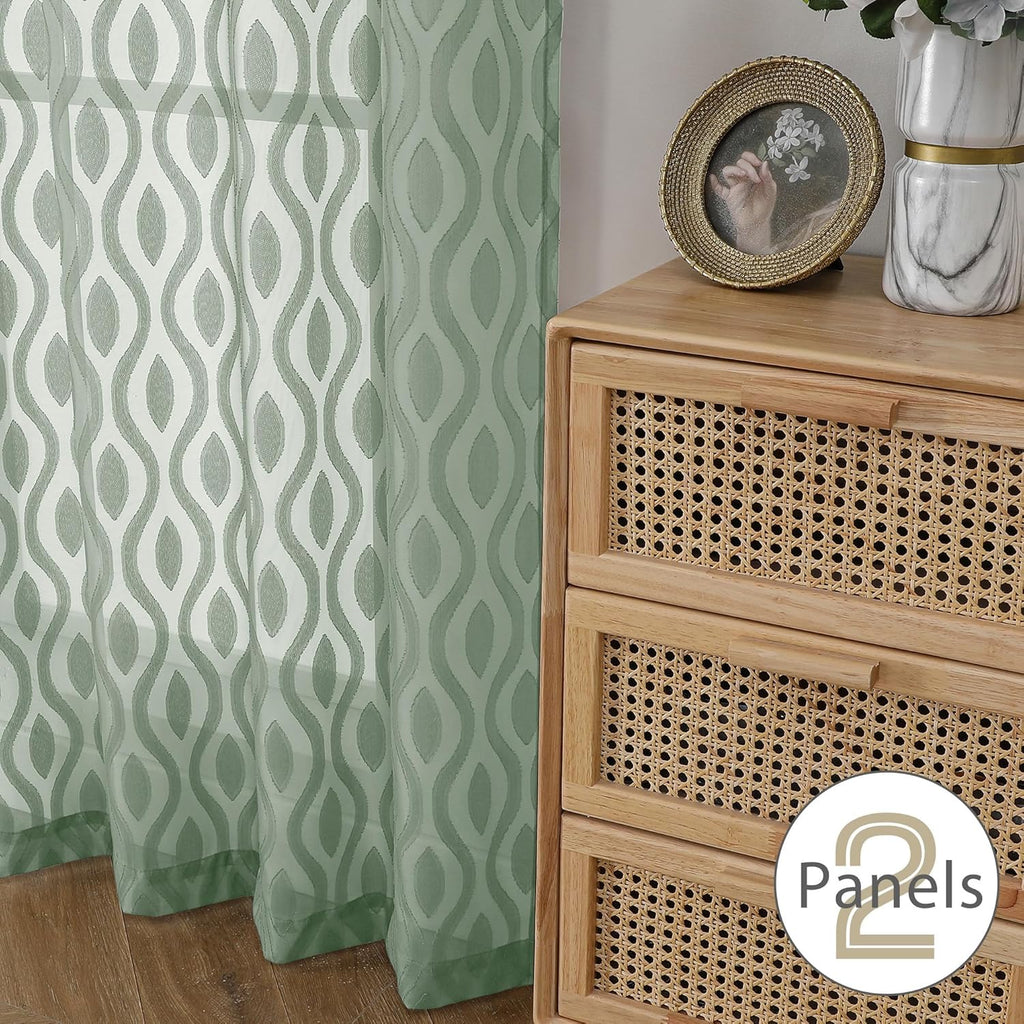 Aiyufeng Sheer Curtains 63 Inch Length 2 Panels Set, Solid Green Airy Light Filtering Voile Curtains Window Treatments for Bedroom Living Room, Modern Wavy Line Textured Curtains, 40" WX63 L Inches