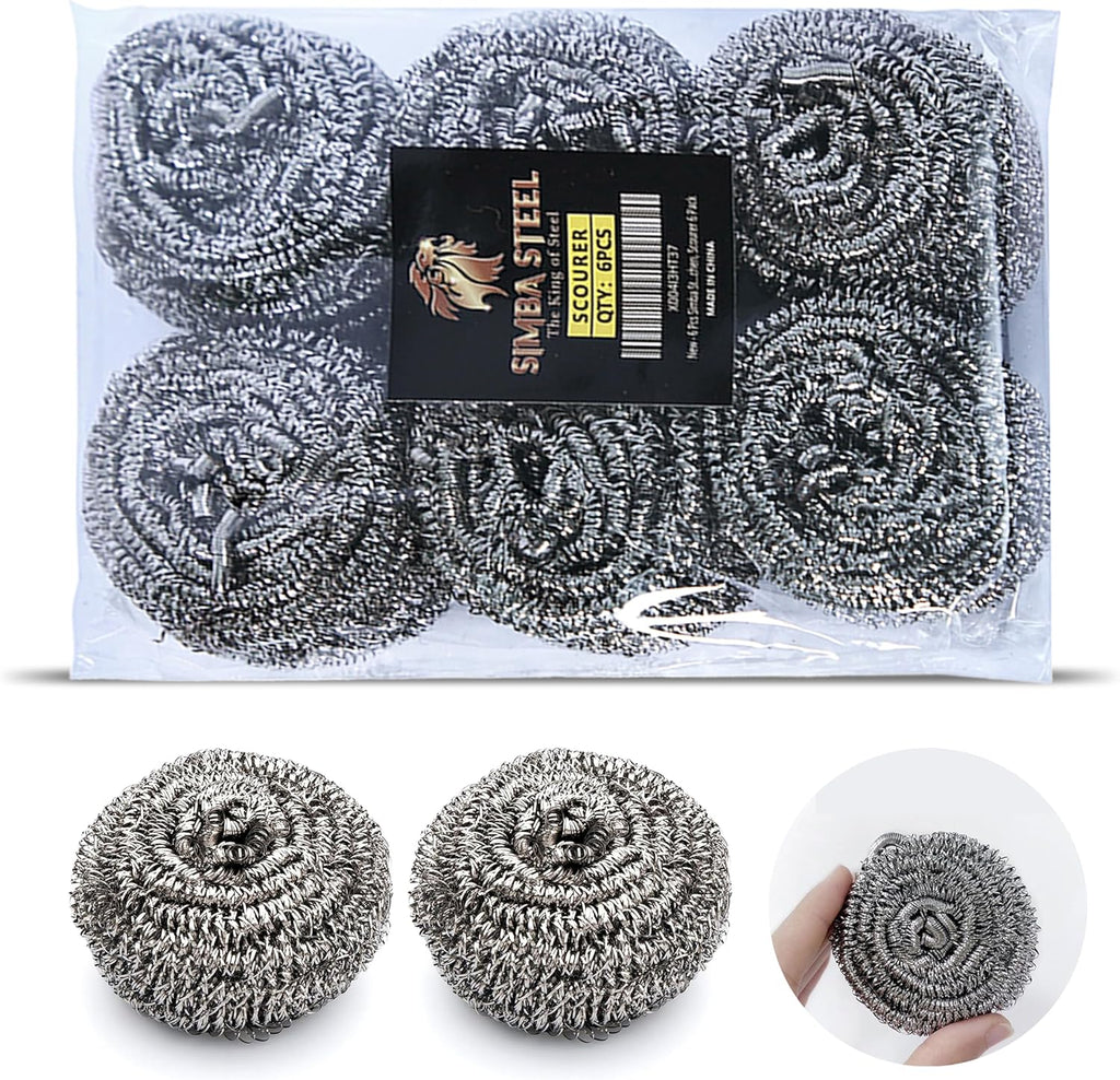 6 Pcs Simba Stainless Steel Wool Scrubber Pads for Cleaning Pans, Pots, Dishes, Ovens, Grills, Sinks, Bathroom and Kitchen, Scourer 6 Pack