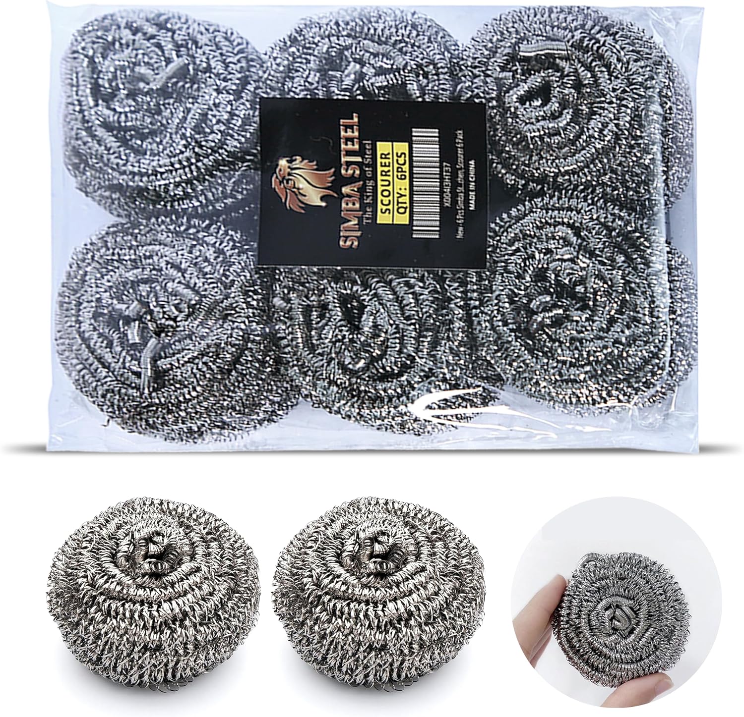 6 Pcs Simba Stainless Steel Wool Scrubber Pads for Cleaning Pans, Pots, Dishes, Ovens, Grills, Sinks, Bathroom and Kitchen, Scourer 6 Pack