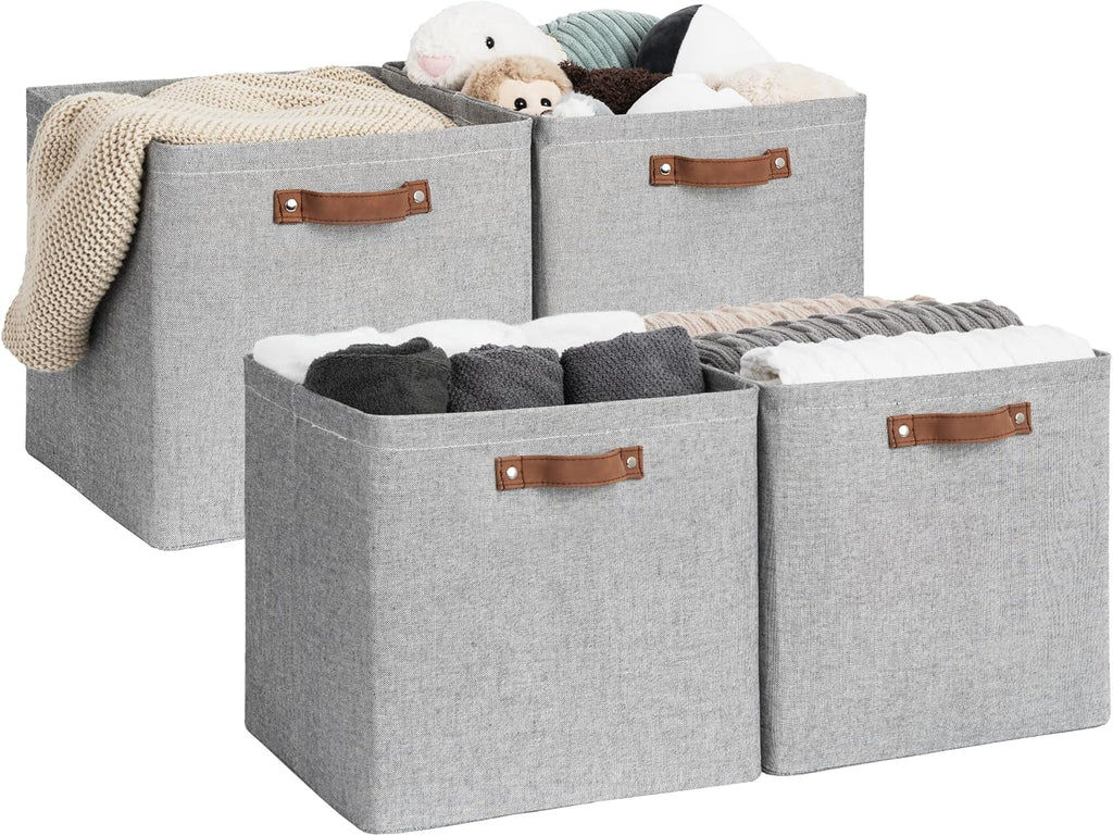 StorageWorks 13x13 Inches Storage Cube, Fabric Storage Bins with PU Handles, Collapsible Organizer Baskets for Closet, Gray, 4-Pack