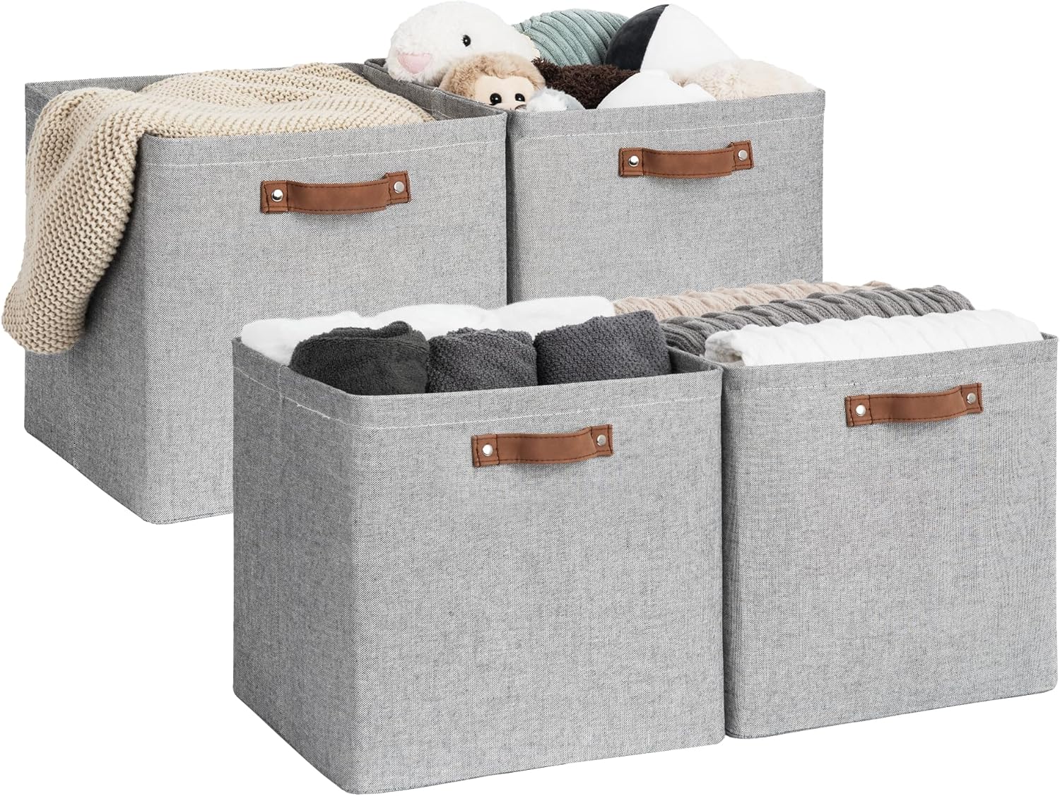 StorageWorks 13x13 Inches Storage Cube, Fabric Storage Bins with PU Handles, Collapsible Organizer Baskets for Closet, Gray, 4-Pack