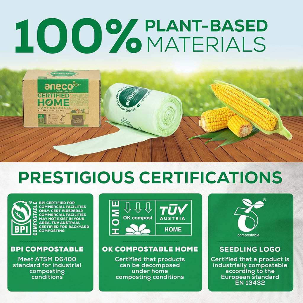 ANECO 100% Compostable Food Waste Bags 2.6 Gallon With Handles, Small Compost Bags for Countertop Bin, OK Compost HOME & BPI Certified Compostable Kitchen Food Waste Bag (45 Count)