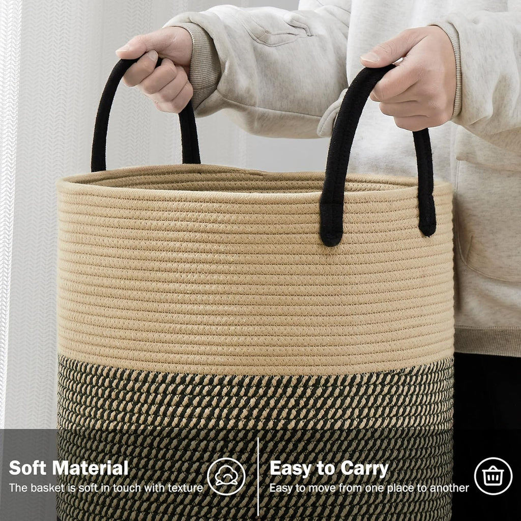 YOUDENOVA Woven Rope Laundry Hamper Basket, 58L Tall Laundry Basket for Blanket Organizer- Clothes Hamper for Bedroom Storage, Baby Kids Nursery Hamper-Large-Black & Brown