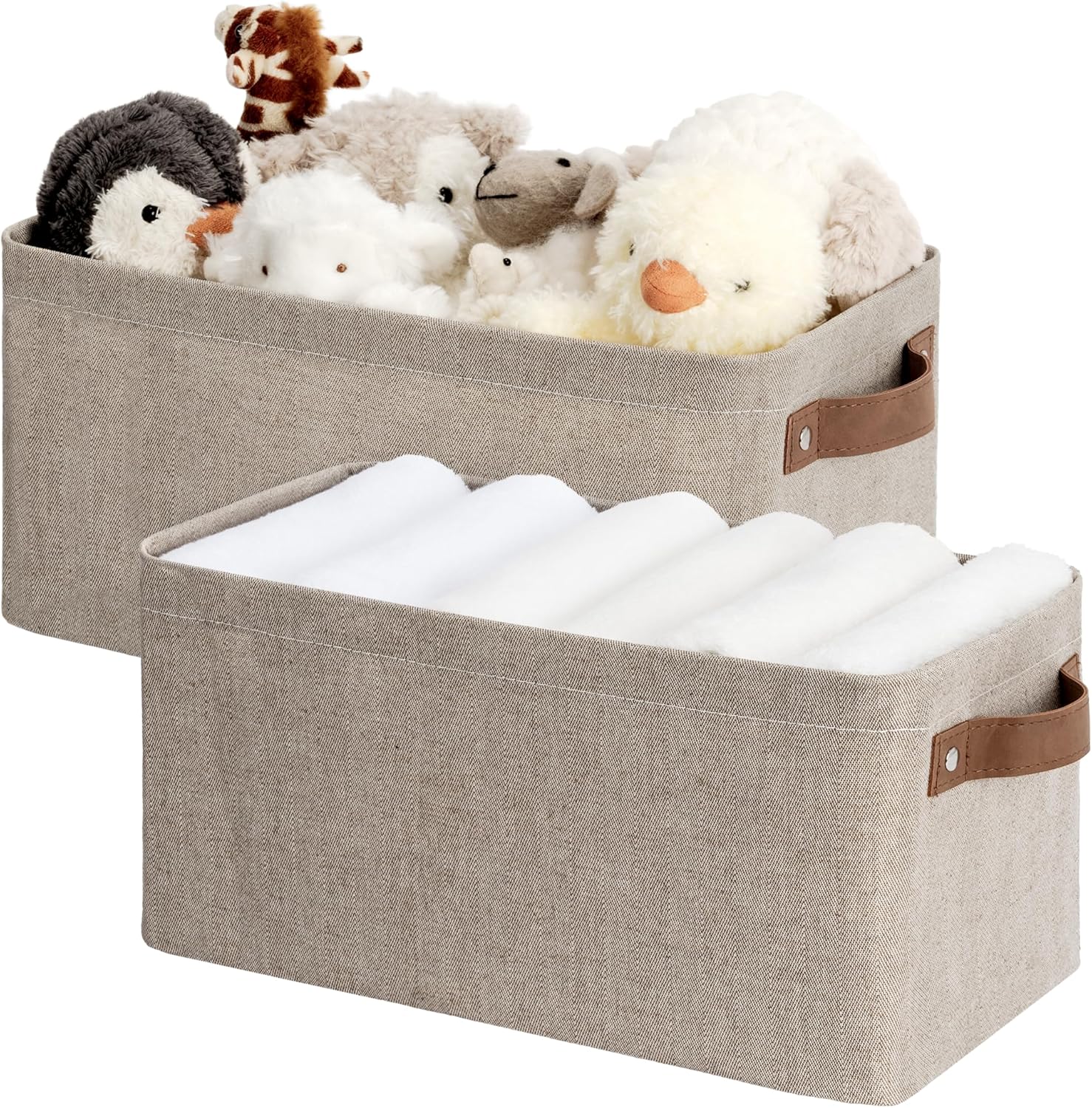StorageWorks Narrow Storage Bins, Small Basket for Closet and Shelves, Rectangular Fabric Organizer with Handles, Toilet Paper Storage, Brown and Beige, 2-Pack