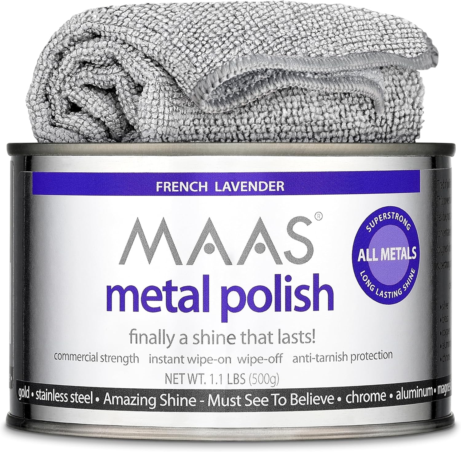 MAAS Metal Polish 1.1lb Can Plus Free Cloth, Universal Metal Cleaner for All Metals, Clean, Polish, and Protect Silver, Brass, Copper and More, Tarnish Remover and Silver Cleaner for Jewelry
