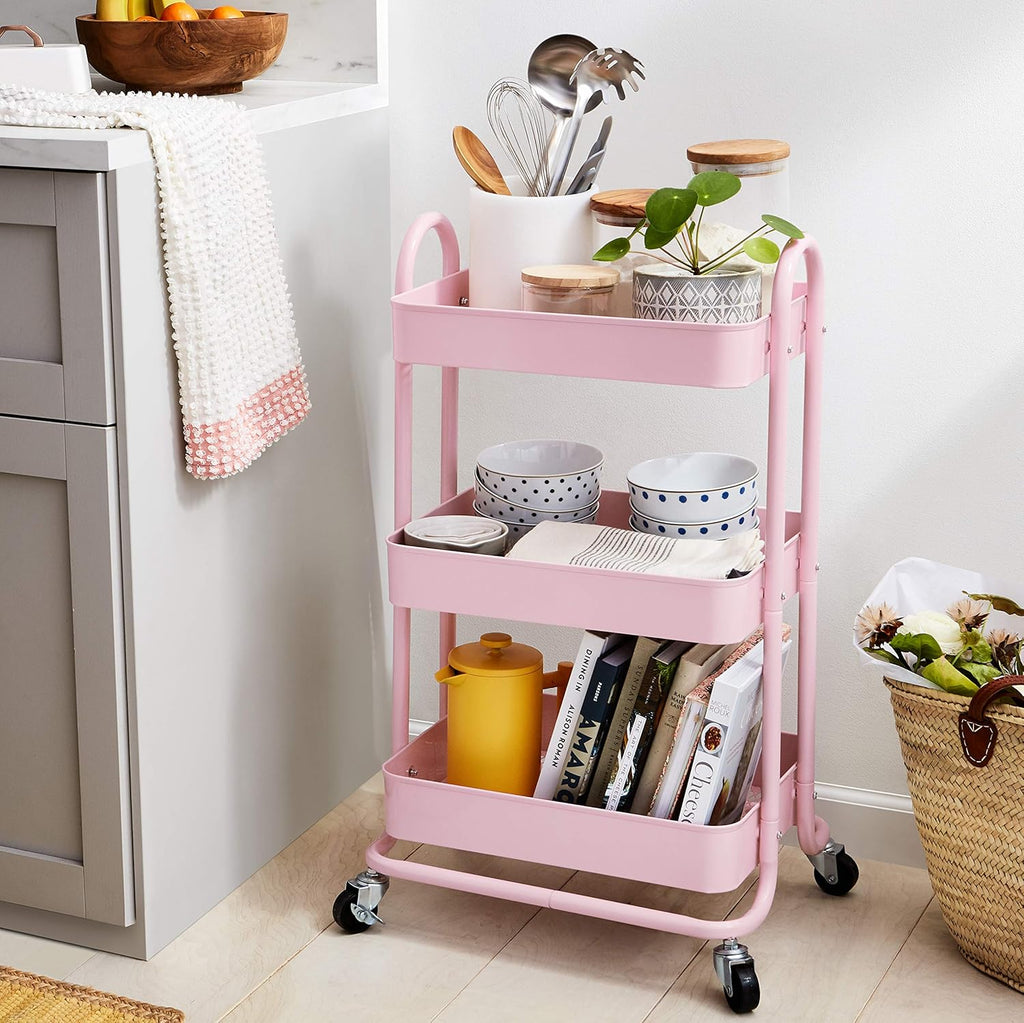 Amazon Basics 3-Tier Rolling Utility or Kitchen Cart, Lockable Wheels, Multifunctional Storage, Dusty Pink