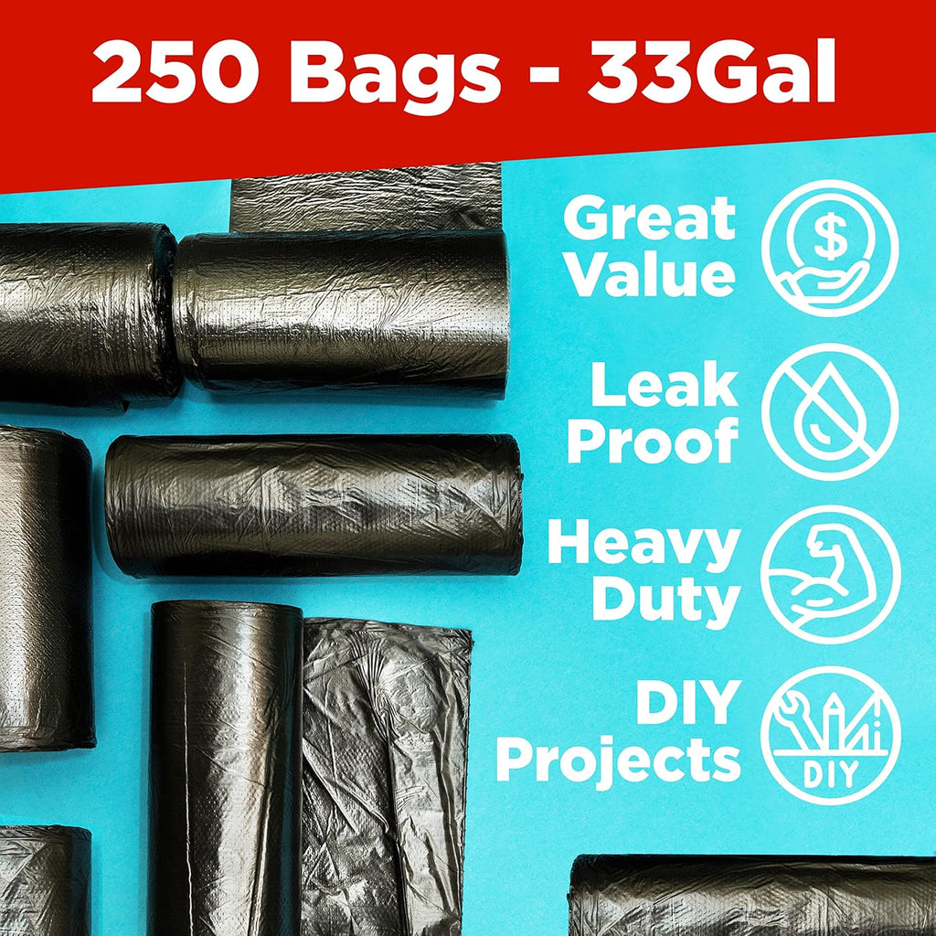 ToughBag 30-33 Gallon Trash Bags Heavy Duty, 32 x 38" Black Garbage Bags (250 COUNT) – 30+, 32 Gallon Trash Bags - Made In USA
