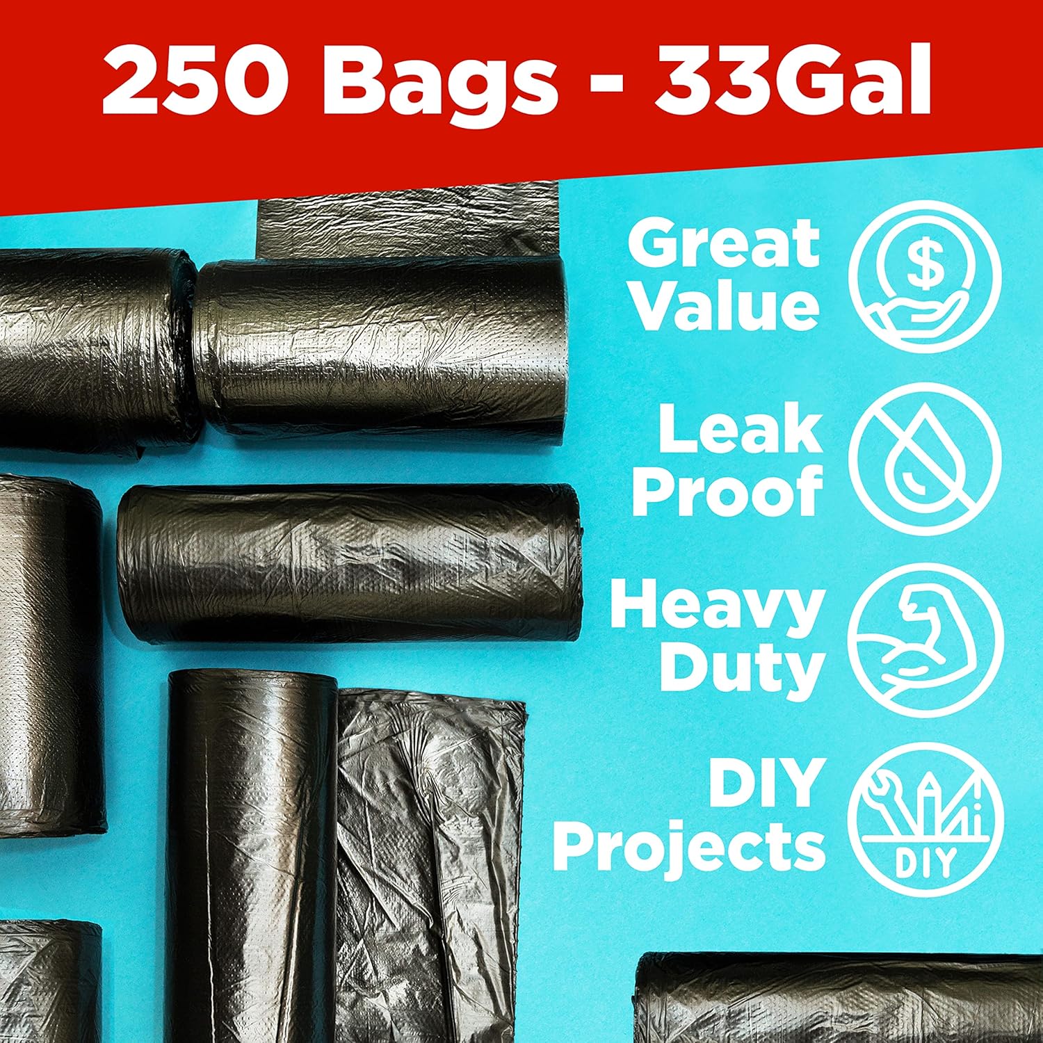 ToughBag 30-33 Gallon Trash Bags Heavy Duty, 32 x 38" Black Garbage Bags (250 COUNT) – 30+, 32 Gallon Trash Bags - Made In USA