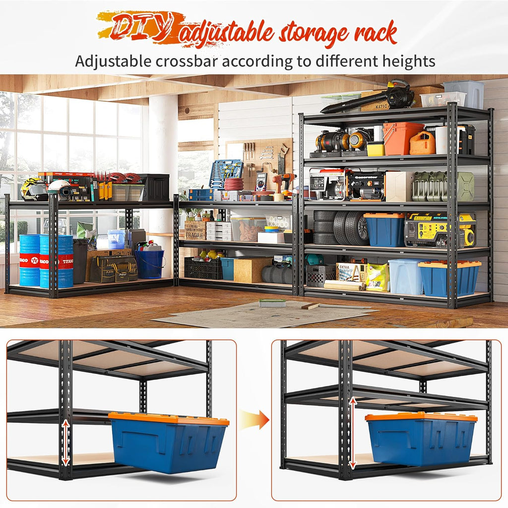 REIBII 48" W Garage Shelving Heavy Duty 3020LBS Storage Shelves 5 Tier Heavy Duty Shelving Adjustable Garage Shelves for Basement, Warehouse, Commercial, Easy Assemble, 48" W x 72" H x 24" D