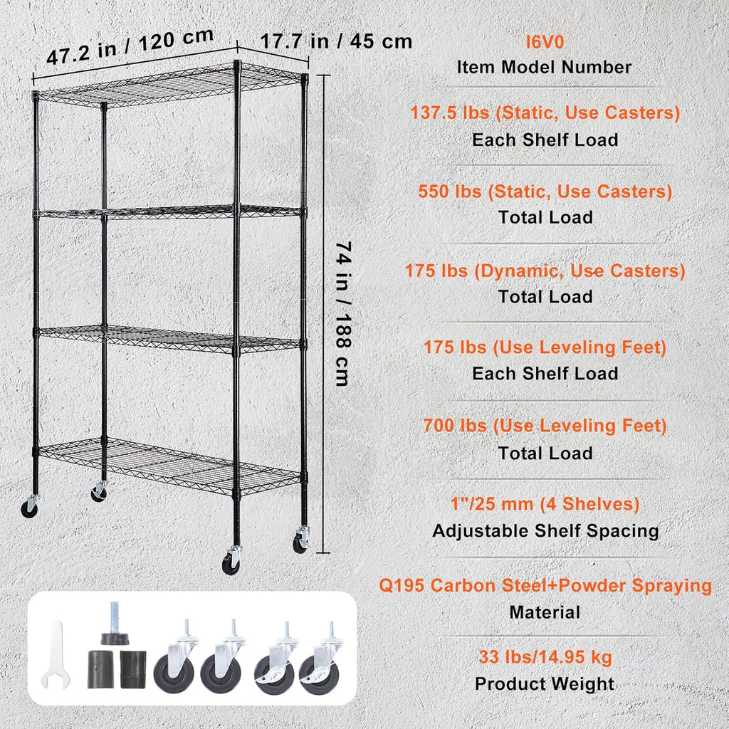 VEVOR Storage Shelving Unit, 4-Tier Adjustable Storage Shelves, 48" L x 18" W x 74" H Garage Storage Shelves, Metal Shelves with Wheels for Kitchen Pantry Basement Bathroom Laundry
