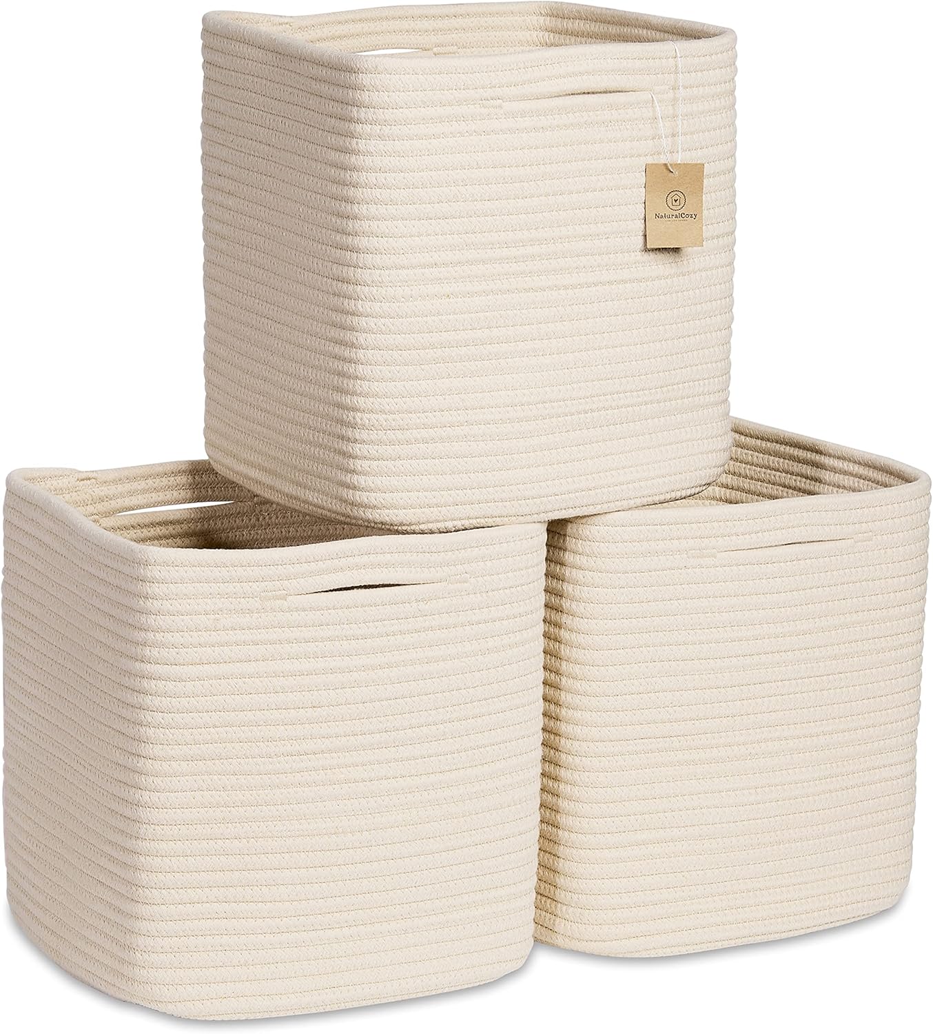 NaturalCozy Storage Cubes 11 Inch Cotton Rope Woven Baskets for Organizing, 3-Pack | Cube Storage Bin | Square Storage Baskets for Shelves Organizer, Classroom, Kids Toy Bins, Closet, Baby Nursery