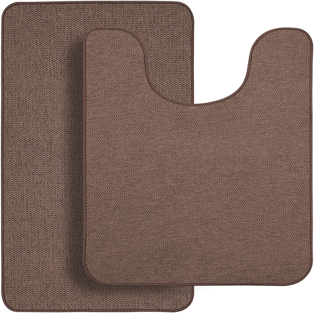 Bathroom Rugs Set 2 Pieces,Thin Bathroom Mats,Toilet Rugs,Quick Dry,Non-Slip,Machine Washable,Low Pile,Absorbent Bath Mats,Shower,Sink,Home Decor Accessories.Brown,1'5"x2'3"+1'8"x2" U Shape