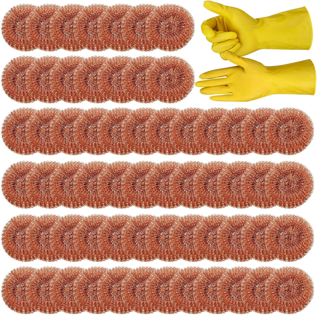 Hushee 50 Pack Copper Coated Scourers Rust Resistant Scrubbing Scouring Pad with 1 Pair of Rubber Household Cleaning Gloves Heavy Duty Copper Mesh Scourer for Dishes, Pots, Pans, and Ovens