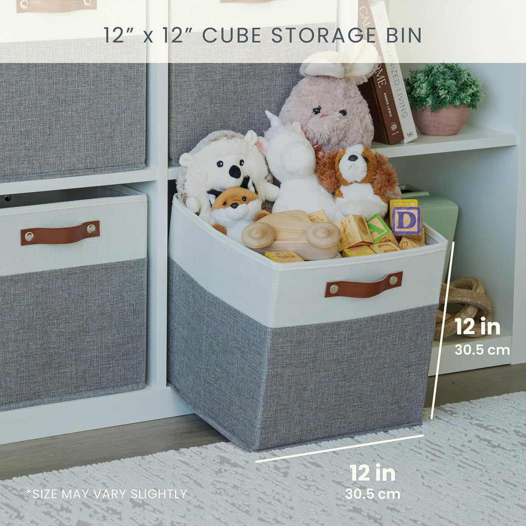 OrganiHaus 12x12 Fabric Storage Bins - Set of 4, Cube Fabric Organizer Bins with Vegan Handles, Kallax Storage Cubes, Cubbies Organizer Boxes, 12Inch Cubic Baskets for Shelves - Grey / White