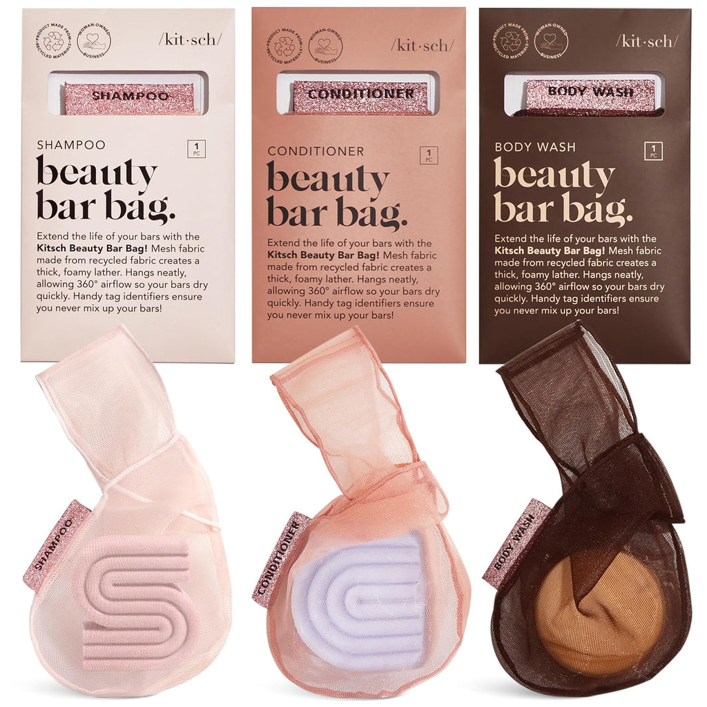 Kitsch Bar Soap Saver Bag – Patented Mesh Bag Soap Holder for Shampoo, Conditioner & Body Wash Bar - Extends Use & Prevents Soggy Mess - Recycled Mesh Pouch - Blush, Terracotta & Chocolate, 3pc Set