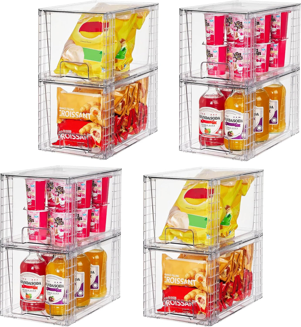 Vtopmart 8 Pack Large Stackable Storage Drawers,Clear Acrylic Drawer Organizers with Handles, Easily Assemble for Fridge, Bathroom,Kitchen Undersink,Cabinet,Pantry Organization and Storage