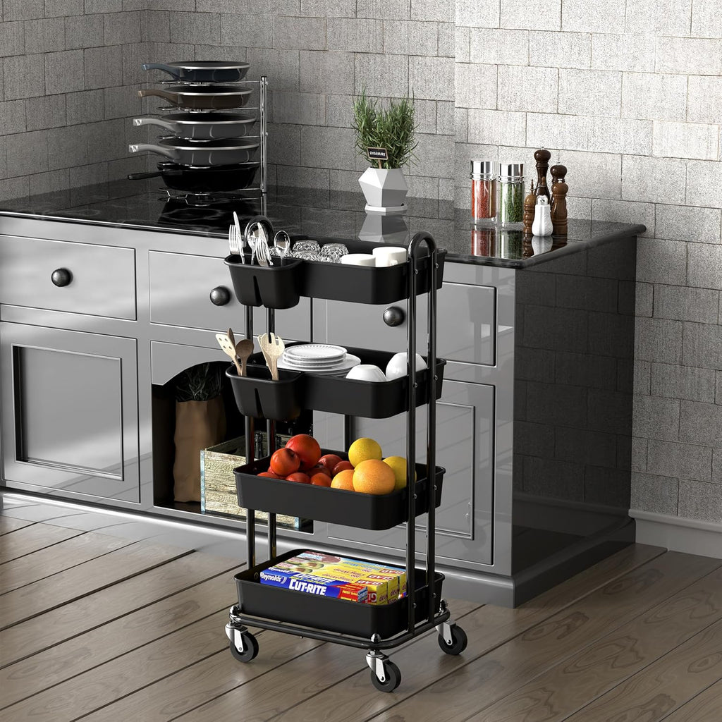 Simple Houseware 4-Tier Multifunctional Rolling Utility Cart with Hanging Buckets, Black