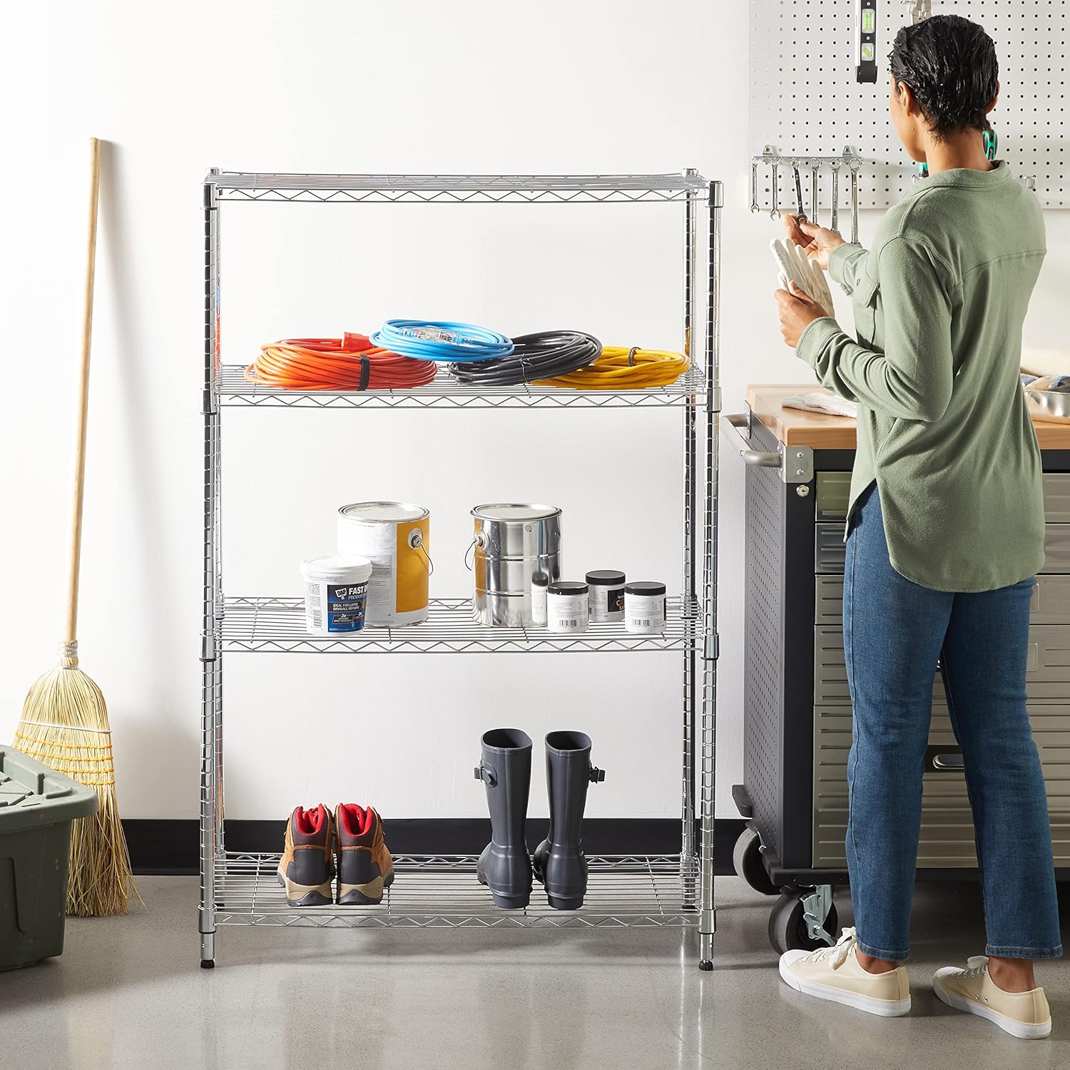 Amazon Basics 4-Shelf Adjustable Heavy Duty Steel Wire Rack Storage Shelving Organizer for Kitchen, Garage, 36" L x 14" W x 54" H, Chrome Silver