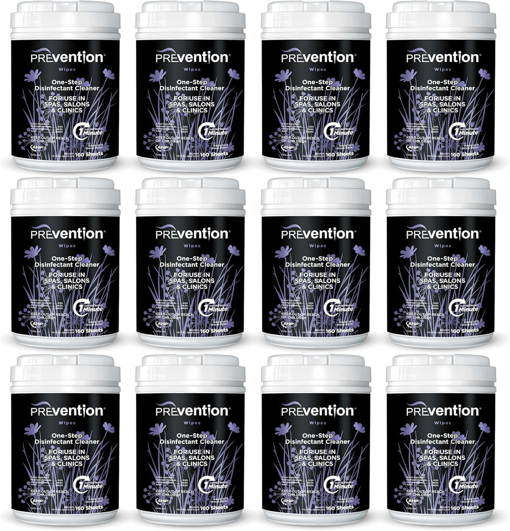 Prevention All Purpose Disinfectant Wipes – Cleaning Wipes Canister, Bulk Cleaner Towelettes for Salons, Spas, Clinics – Hospital Grade Surface Sanitizing – 160 Count per Canister (12 Pack)