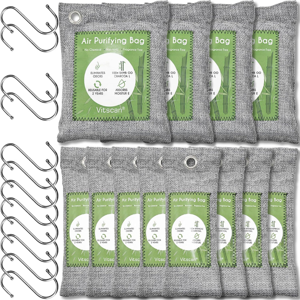 12 Pack Bamboo Charcoal Air Purifying Bag, Activated Charcoal Bags Odor Absorber, Moisture Absorber, Natural Car Air Freshener, Shoe Deodorizer, Odor Eliminators For Home, Pet, Closet (8x50g, 4x200g)