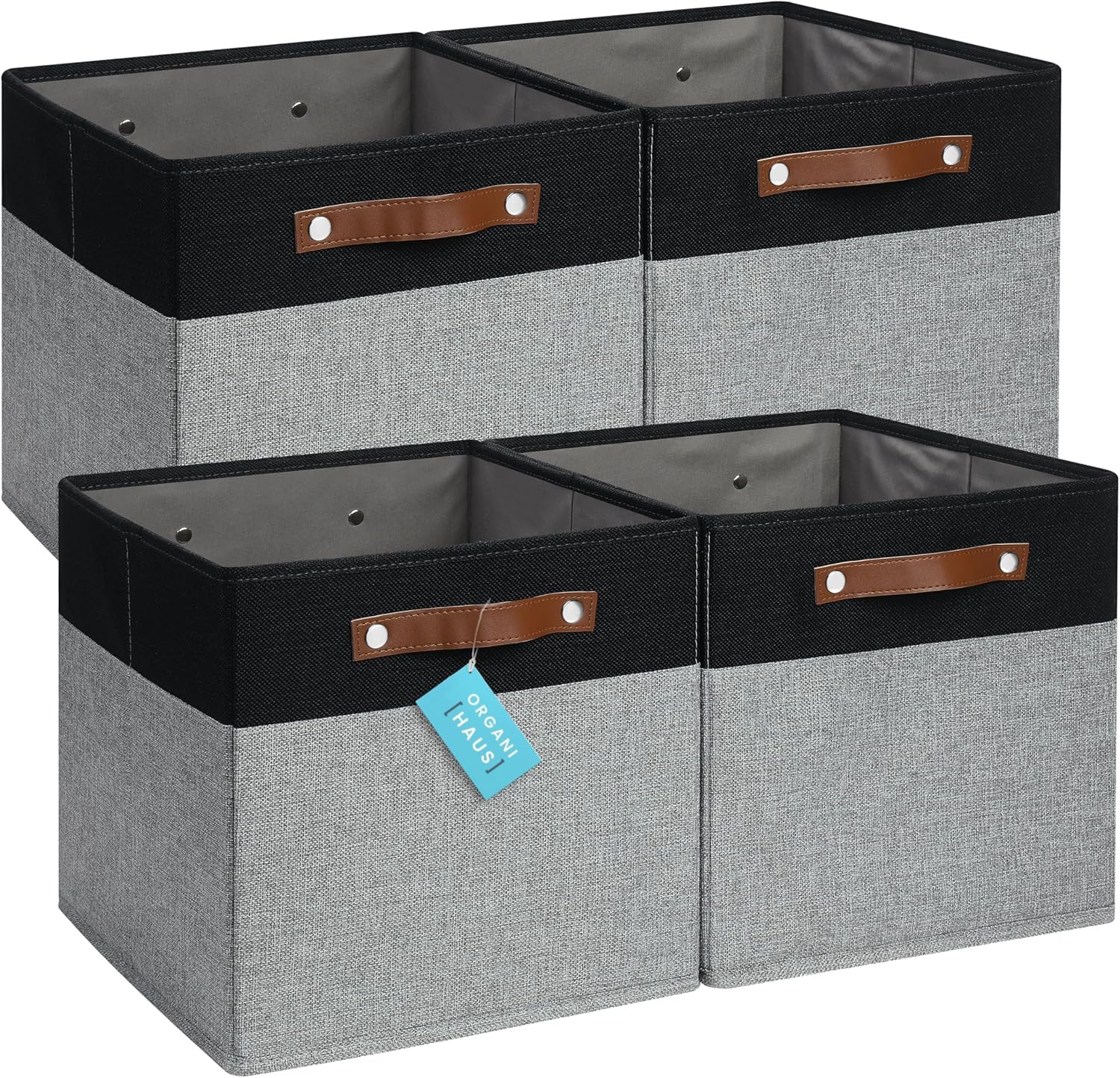 OrganiHaus 12x12 Fabric Storage Bins - Set of 4, Cube Fabric Organizer Bins with Vegan Handles, Kallax Storage Cubes, Cubbies Organizer Boxes, 12Inch Cubic Baskets for Shelves - Grey/Black