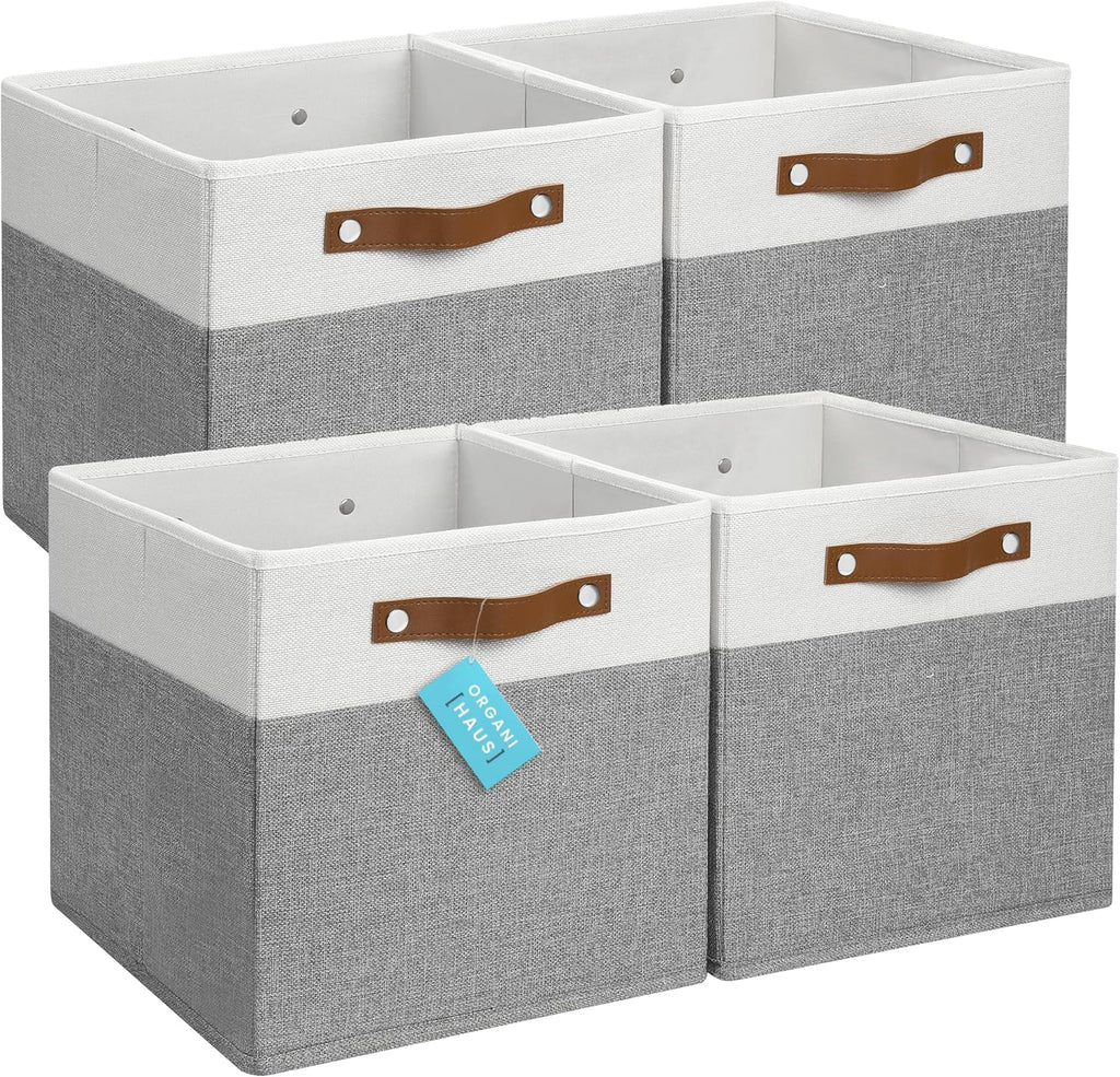 OrganiHaus 12x12 Fabric Storage Bins - Set of 4, Cube Fabric Organizer Bins with Vegan Handles, Kallax Storage Cubes, Cubbies Organizer Boxes, 12Inch Cubic Baskets for Shelves - Grey / White