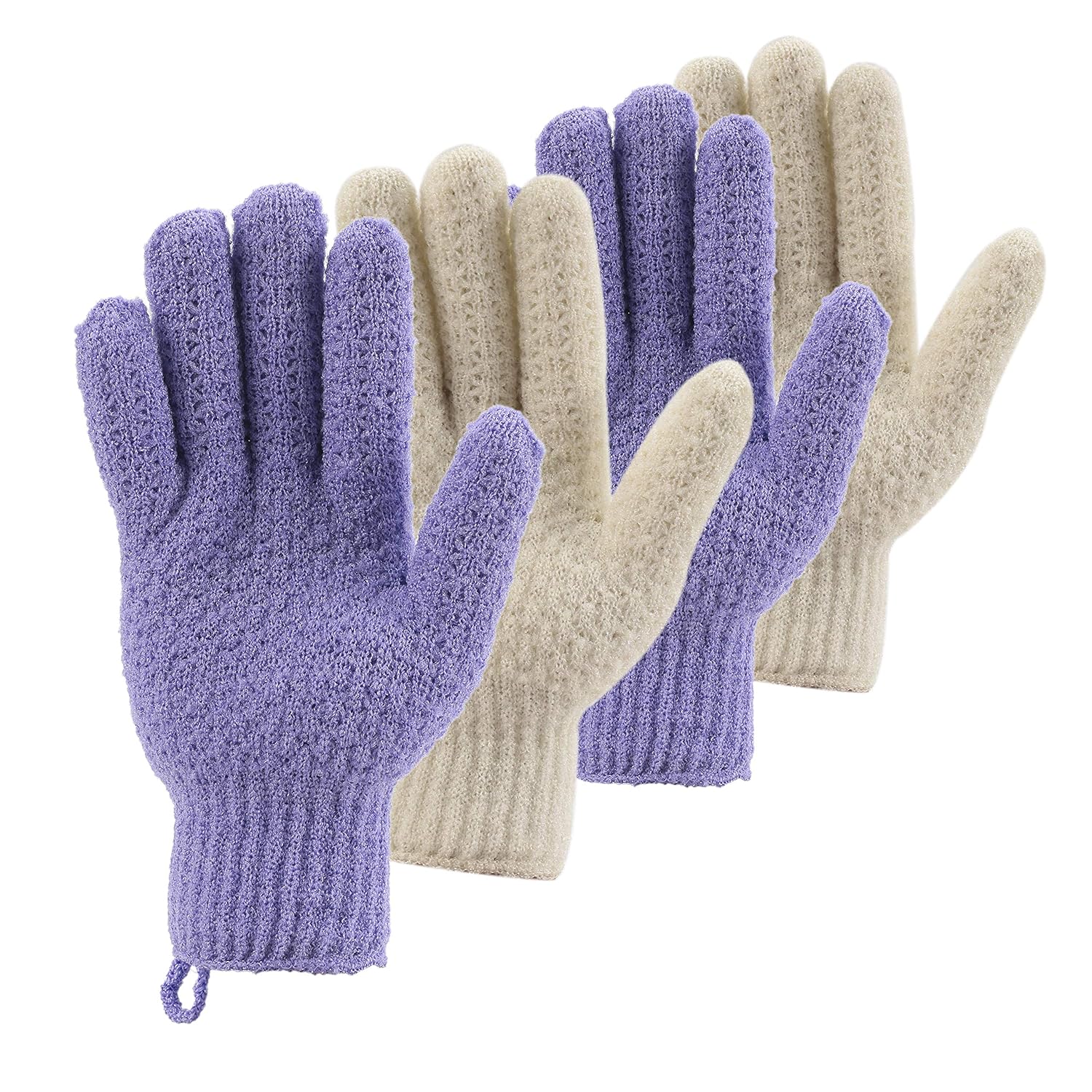 Bath Exfoliating Gloves Scrub - 4 pcs(2 pairs) Lengthened and Large Exfoliating Scrubbing Gloves for Shower, Spa, Massage - Scrub Exfoliating Mitts for Body, Face, Hand （Purple and Beige）