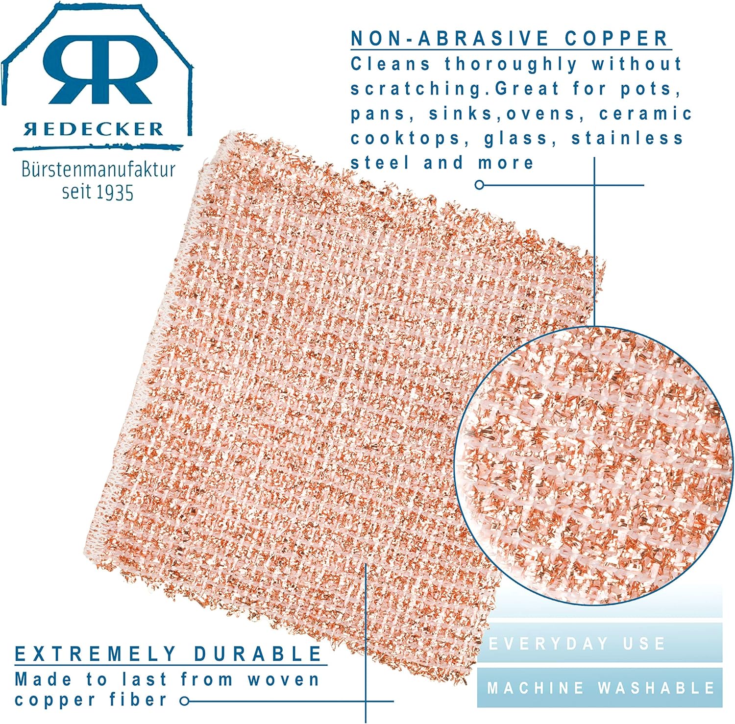 Redecker Real Copper Cleaning Cloths – Scratch-Free 2-Ply Woven Copper Scrub Pads for Pots, Pans, Sinks, Glass & Stainless Steel – Reusable, Machine Washable, Durable, Eco-Friendly – Set of 2