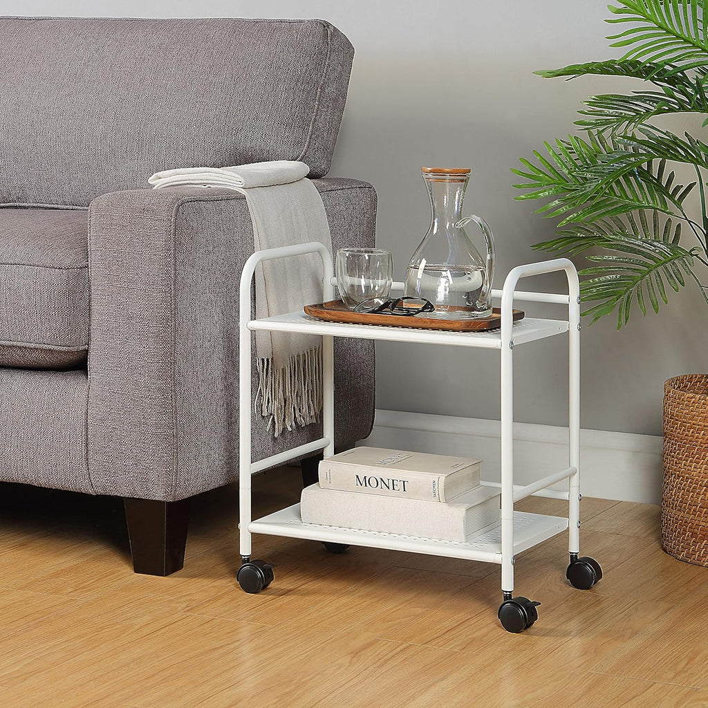 SunnyPoint 2-Tier Metal Rolling Utility Cart – Mobile Storage Shelf with Caster Wheels – Small Space Organizer for Home, Office, Bedroom, Kitchen (WHT)