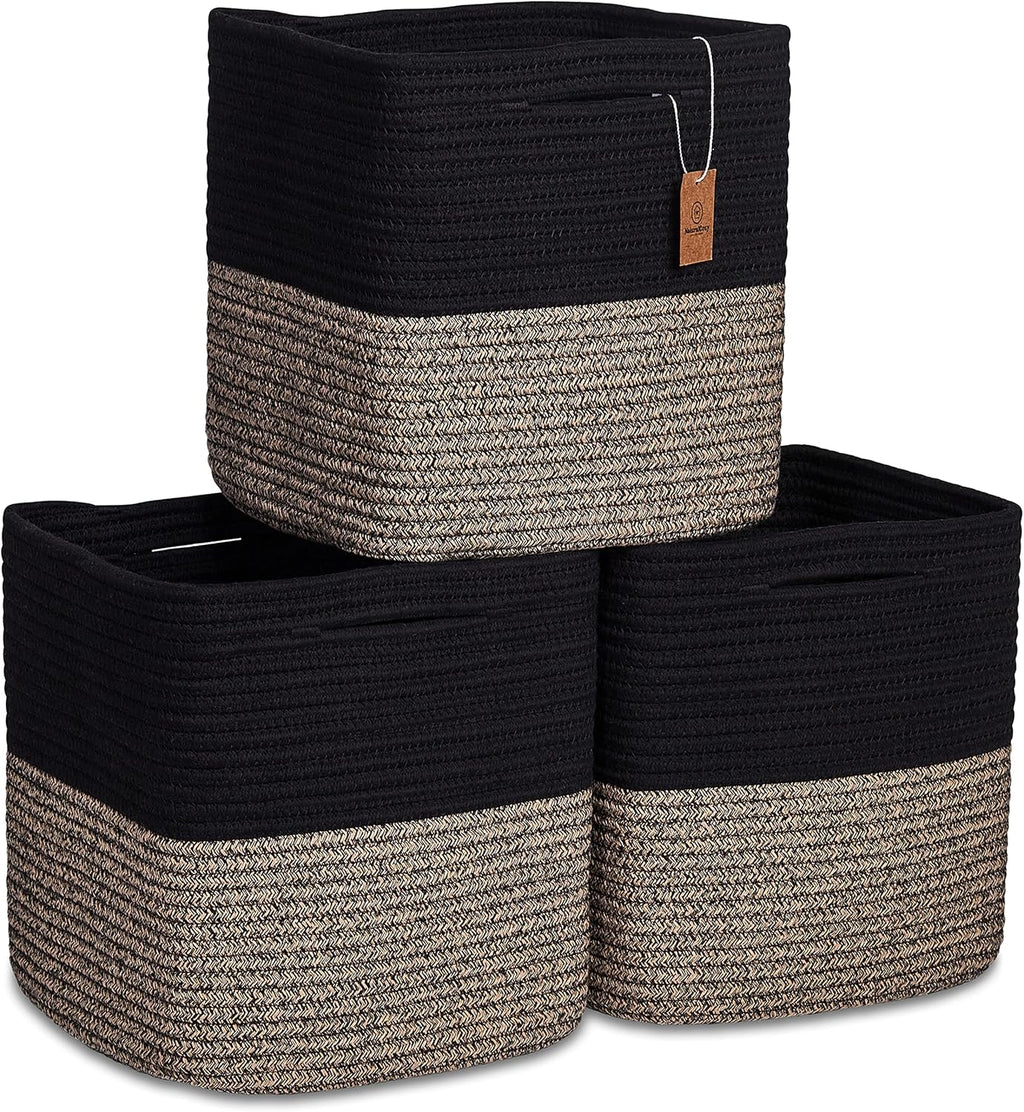 NaturalCozy Storage Cubes 11 Inch Cotton Rope Woven Baskets for Organizing, 3-Pack | Cube Storage Bin | Square Storage Baskets for Shelves Organizer, Classroom, Kids Toy Bins, Closet, Baby Nursery