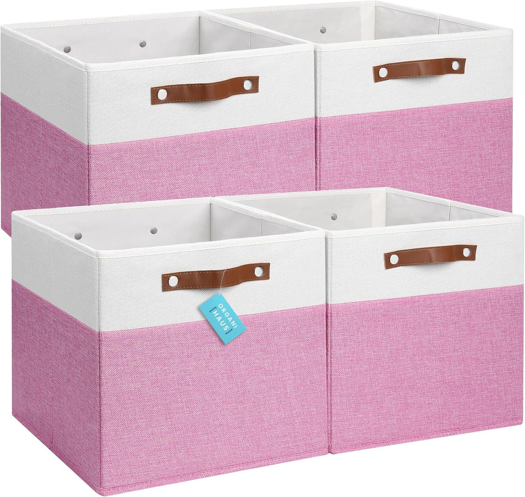 OrganiHaus 13x13 Cube Fabric Storage Bins Set of 4, Fabric Storage Cubes w/ Vegan Handles, 13 inch Collapsible Bins for Clothes & Toy Organizer, Cubbies Organizer, 13x13 Basket for Decor - Pink/White