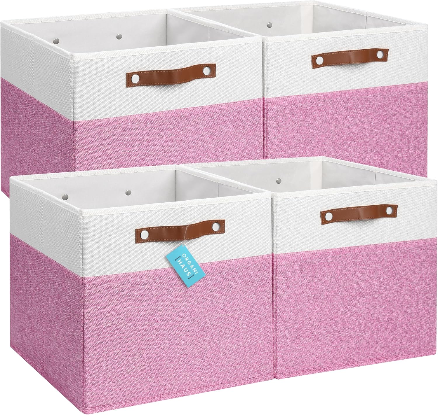 OrganiHaus 13x13 Cube Fabric Storage Bins Set of 4, Fabric Storage Cubes w/ Vegan Handles, 13 inch Collapsible Bins for Clothes & Toy Organizer, Cubbies Organizer, 13x13 Basket for Decor - Pink/White