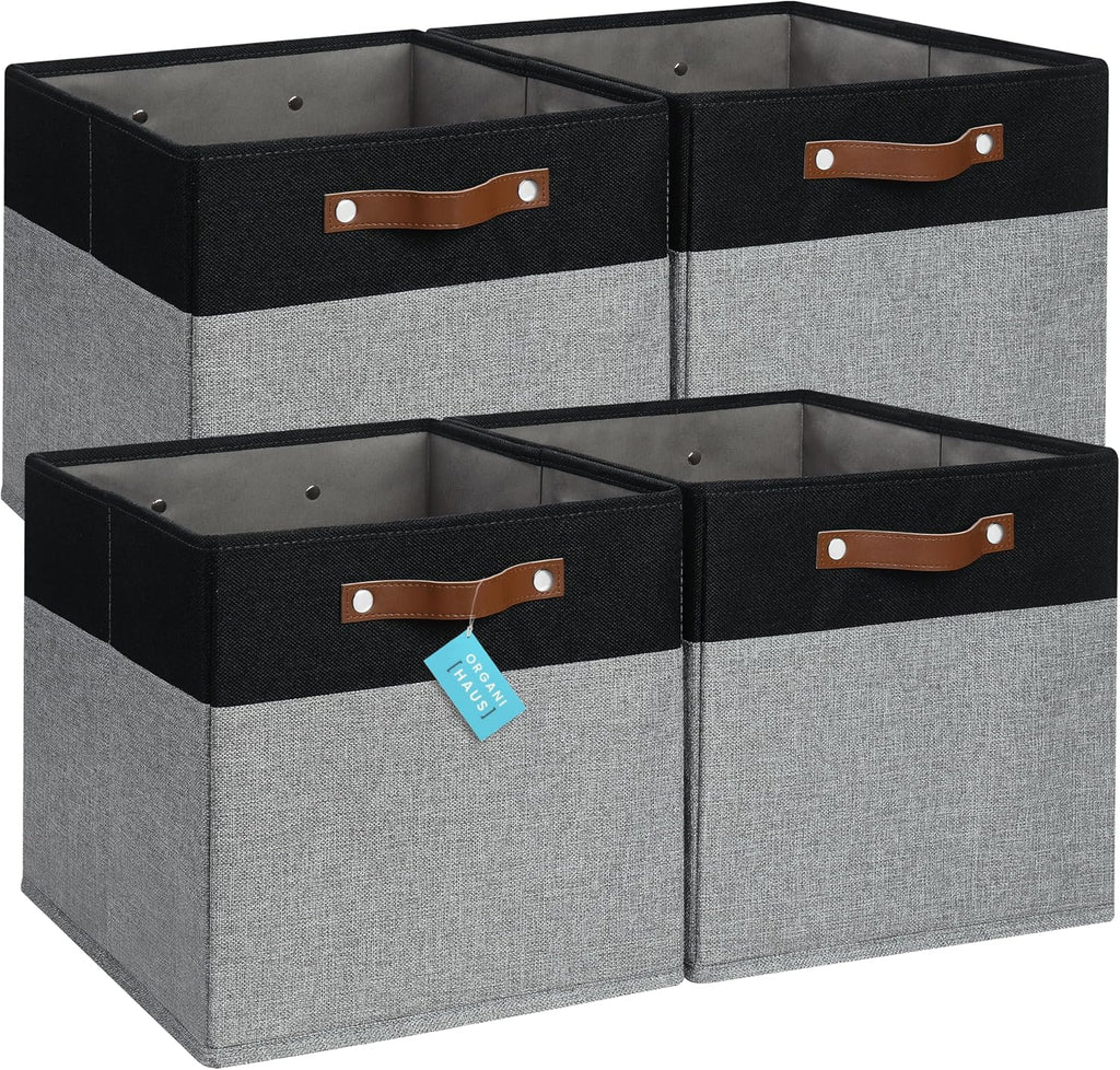 OrganiHaus 13x13 Cube Fabric Storage Bins Set of 4, Fabric Storage Cubes w/ Vegan Handles, 13 inch Collapsible Bins for Clothes & Toy Organizer, Cubbies Organizer, 13x13 Basket for Decor - Grey/Black