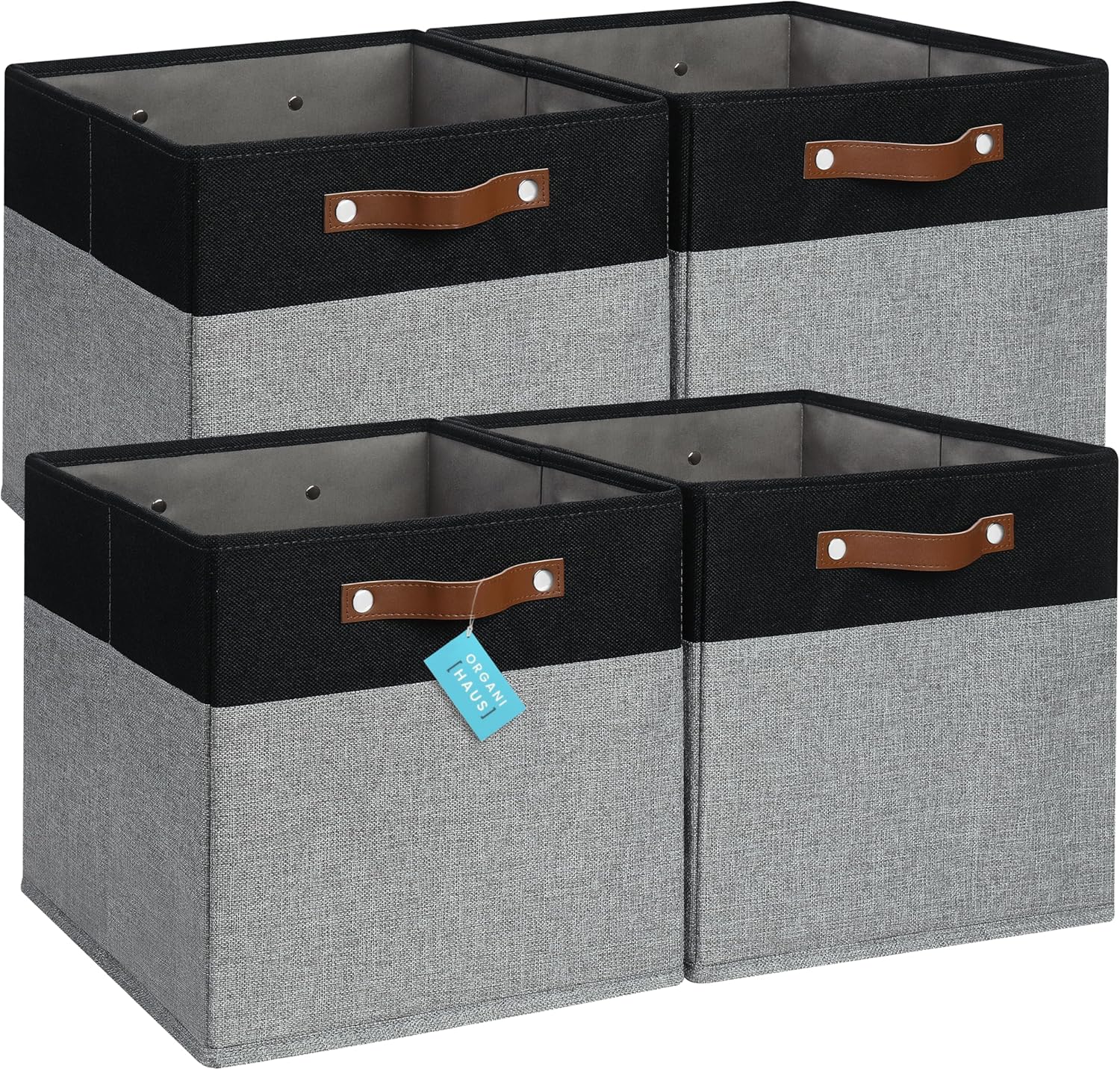 OrganiHaus 13x13 Cube Fabric Storage Bins Set of 4, Fabric Storage Cubes w/ Vegan Handles, 13 inch Collapsible Bins for Clothes & Toy Organizer, Cubbies Organizer, 13x13 Basket for Decor - Grey/Black