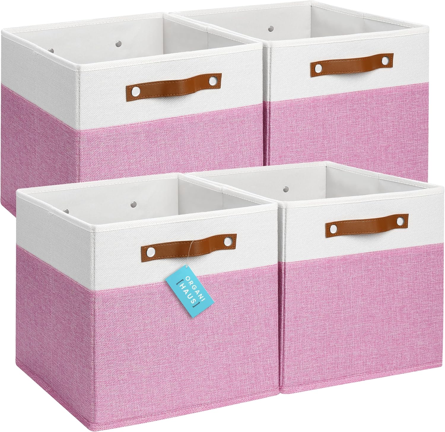 OrganiHaus 12x12 Fabric Storage Bins - Set of 4, Cube Fabric Organizer Bins with Vegan Handles, Kallax Storage Cubes, Cubbies Organizer Boxes, 12Inch Cubic Baskets for Shelves - Pink/White